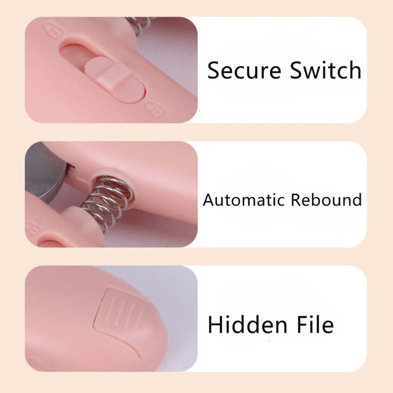 Close-up of a pink LED pet nail trimmer showing the power switch, safety light, and precision grooming features.
