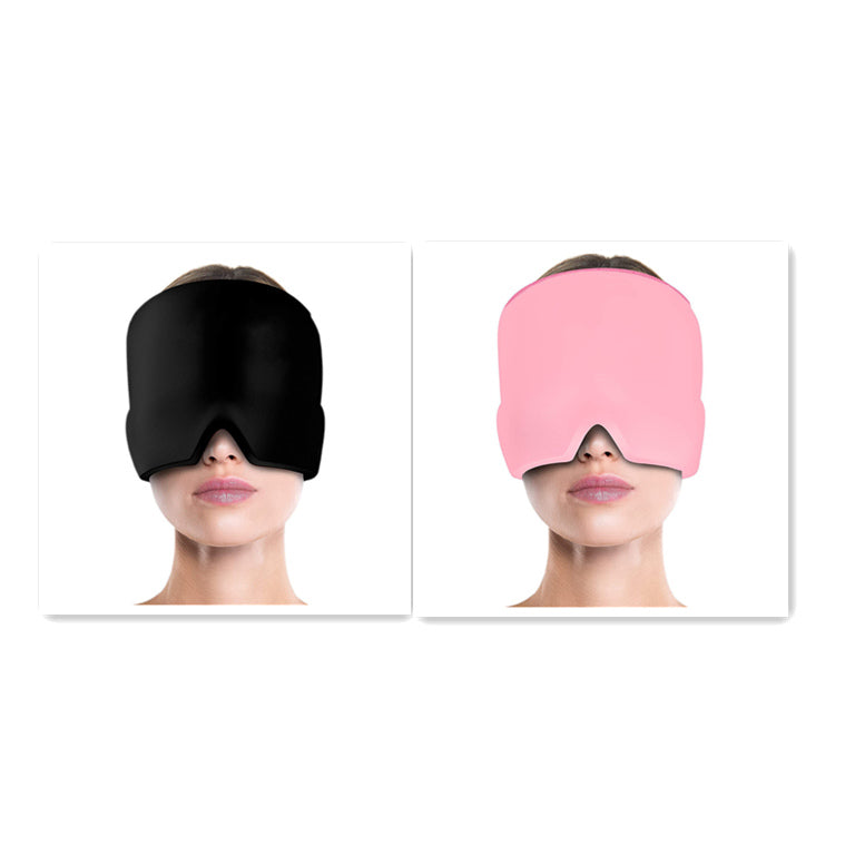 Two sleep masks, one black and one pink, worn by models on a white background.