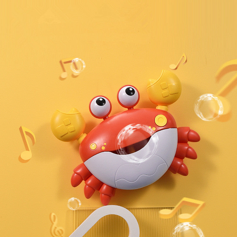 Toy crab with music notes and bubbles on a yellow background