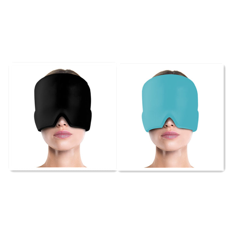 Two images of a person wearing black and blue sleep masks on a white background.
