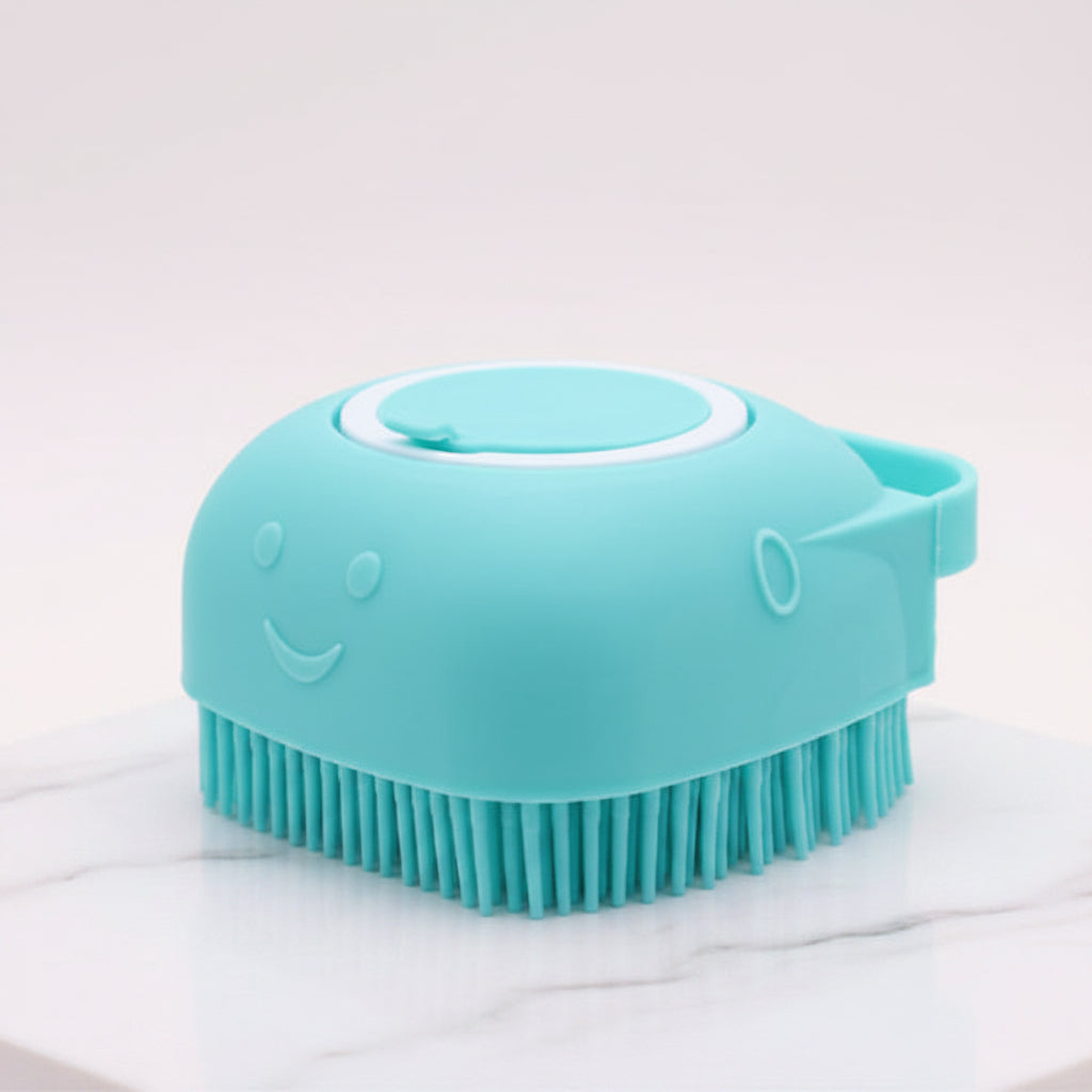 Turquoise cleaning brush with a smiley face on a white background