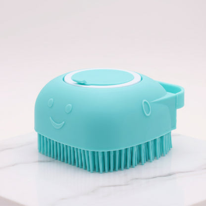 Turquoise cleaning brush with a smiley face on a white background