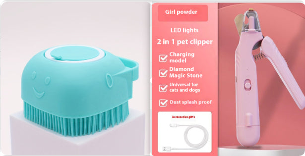 Pet grooming brush and LED light pet clipper with packaging on a white background