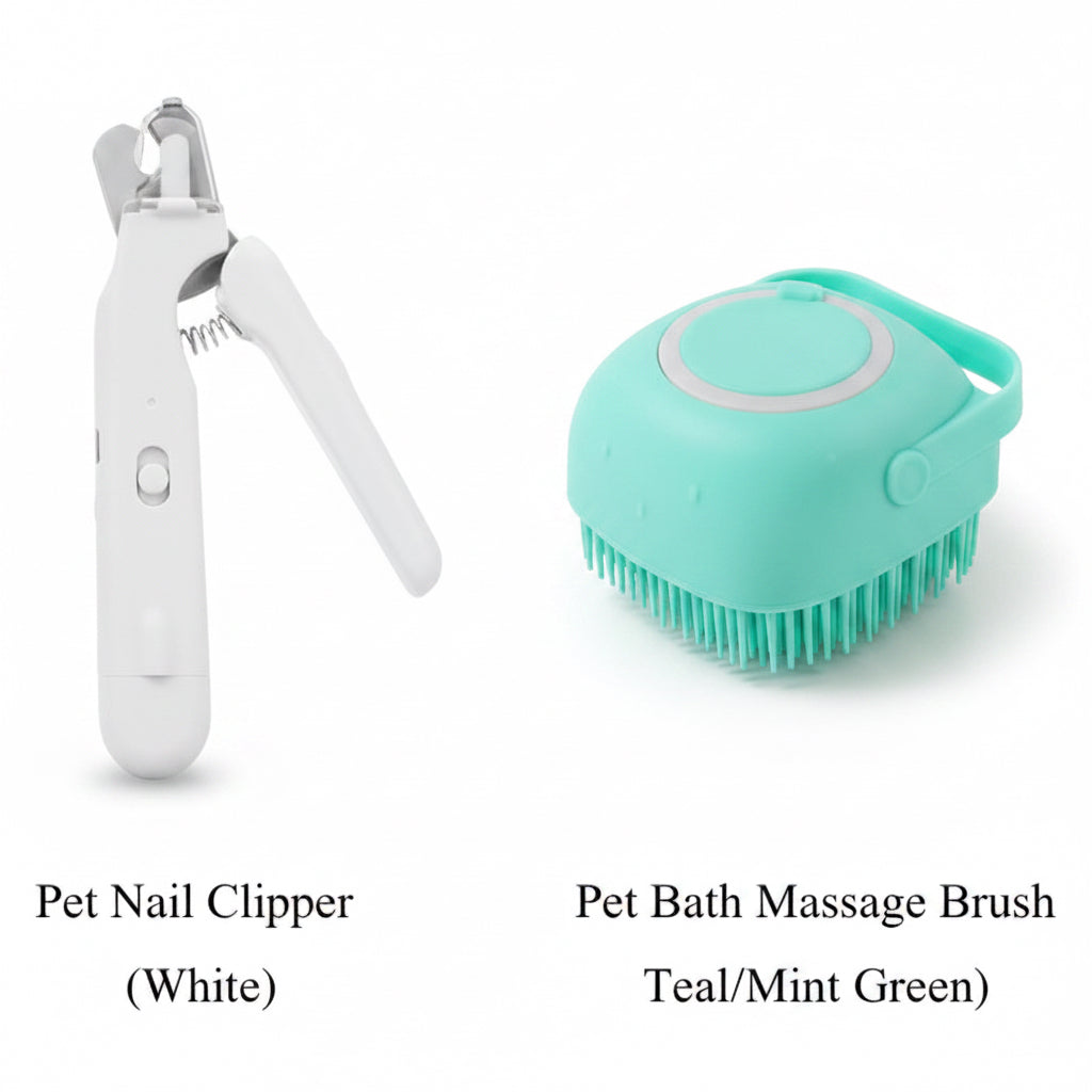 Pet nail clipper and pet bath massage brush on a white background
