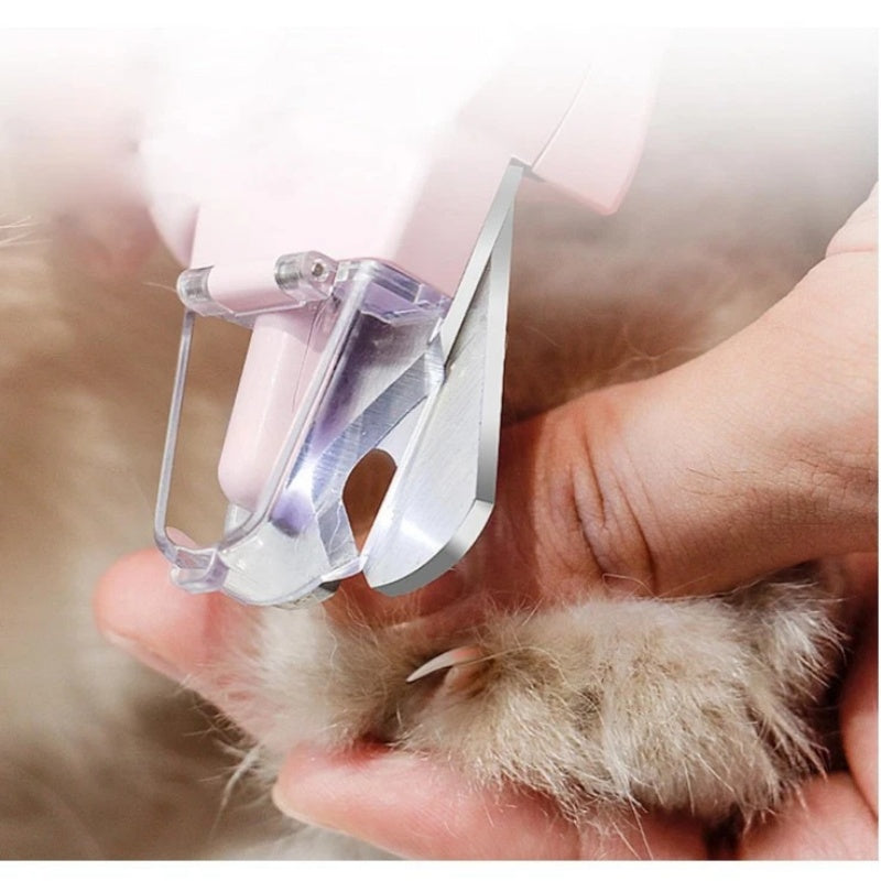 Pet nail trimmer being used on a cat's paw with a blurred background
