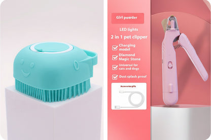 Pet grooming brush and LED light pet clipper with product details on a white background