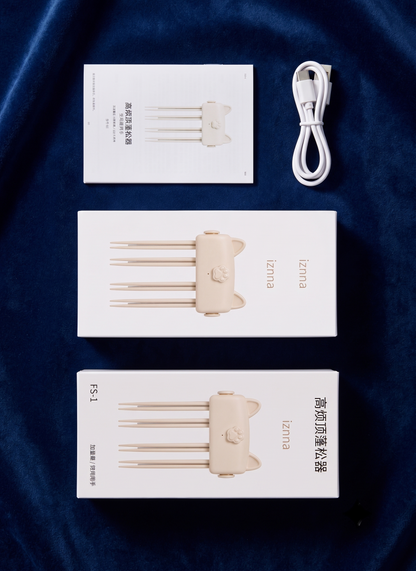 Three white product boxes for a set of four hair extension attachment needles, a white USB charging cable, and a small instruction card, arranged vertically on a dark blue velvet fabric background. The brand name 'Zenna' is visible on the packaging.