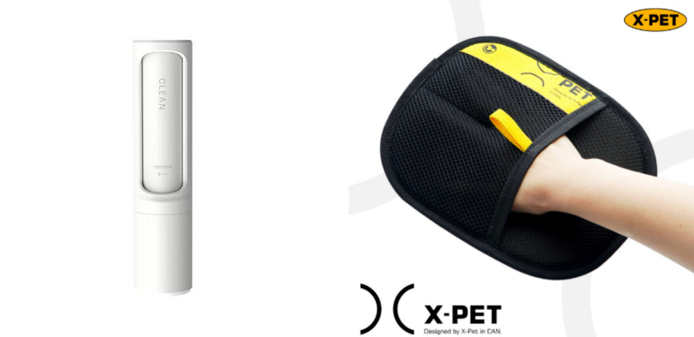 Black pet grooming glove with yellow accents and pink electronic grooming device designed for removing loose pet hair and grooming dogs and cats.