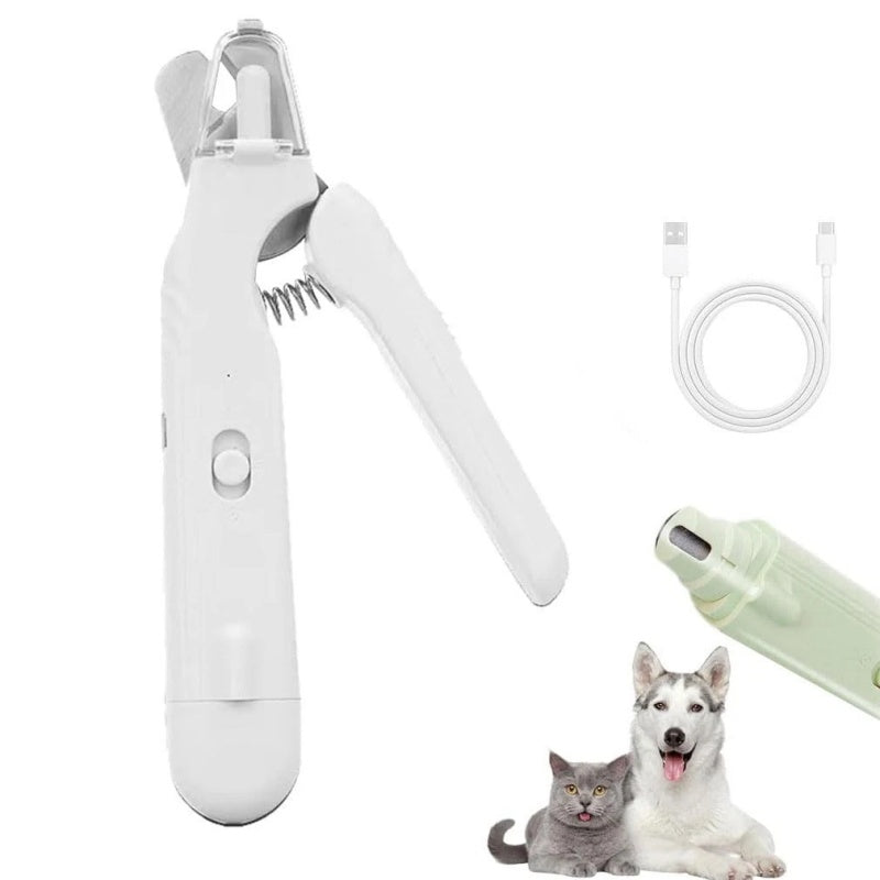 Rechargeable pet grooming tool with USB cable, power adapter, and grooming accessories for dogs and cats on a white background.