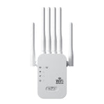 White dual-band WiFi repeater with four external antennas on a white background, designed to extend wireless coverage and enhance home network performance.
