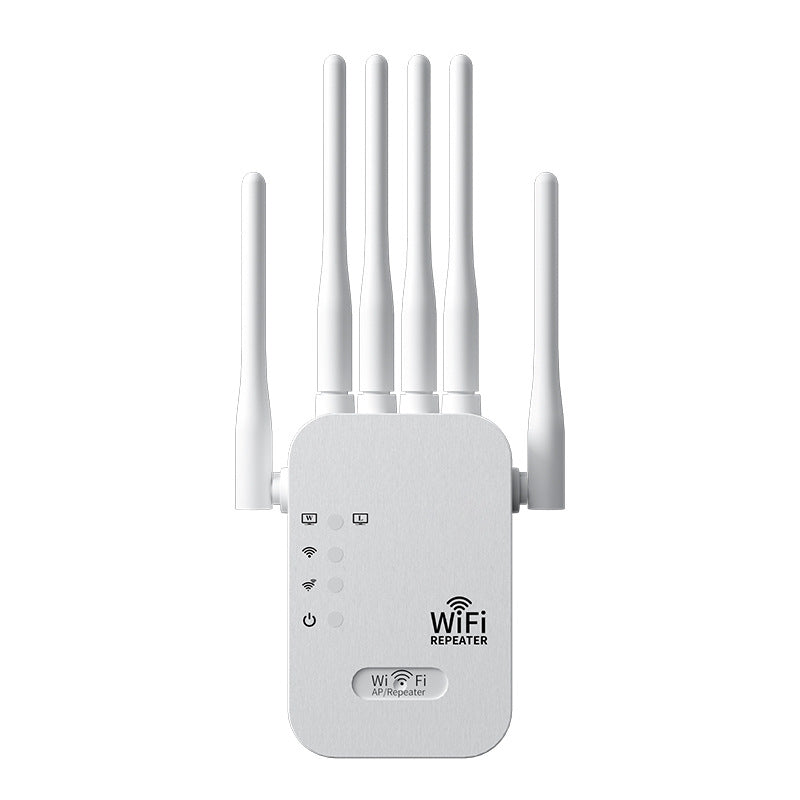 White dual-band WiFi repeater with four external antennas on a white background, designed to extend wireless coverage and enhance home network performance.