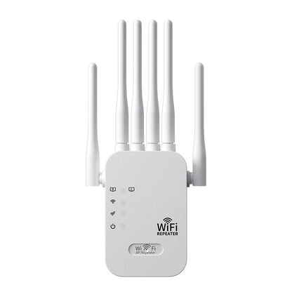 White dual-band WiFi repeater with four external antennas on a white background, designed to extend wireless coverage and enhance home network performance.