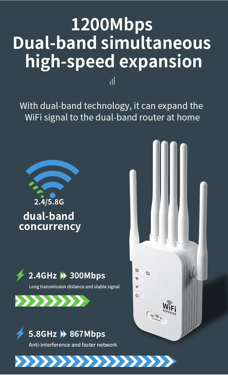 White dual-band WiFi range extender with external antennas on a dark blue background, designed to improve wireless coverage and boost home internet signal strength.