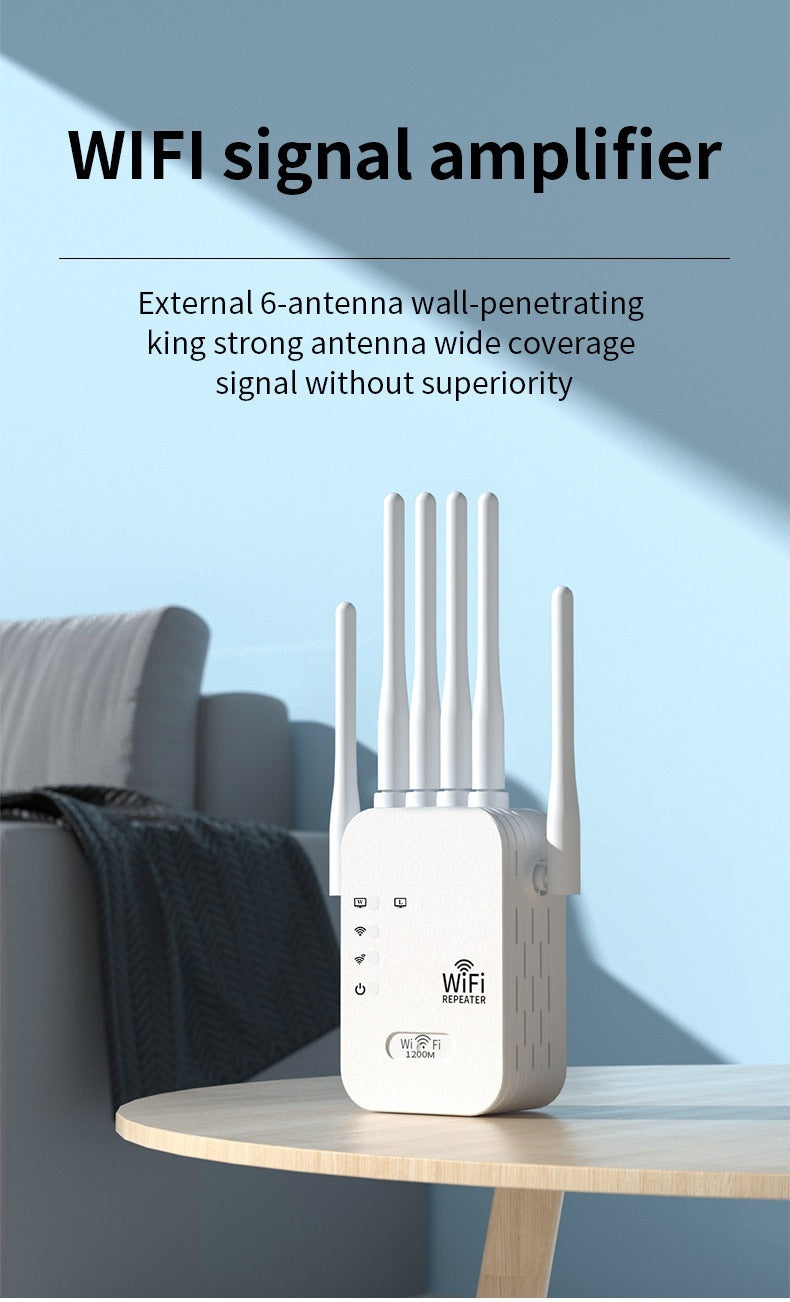WiFi signal amplifier placed on a table with a couch in the background, designed to extend wireless coverage and improve internet connectivity throughout the home.