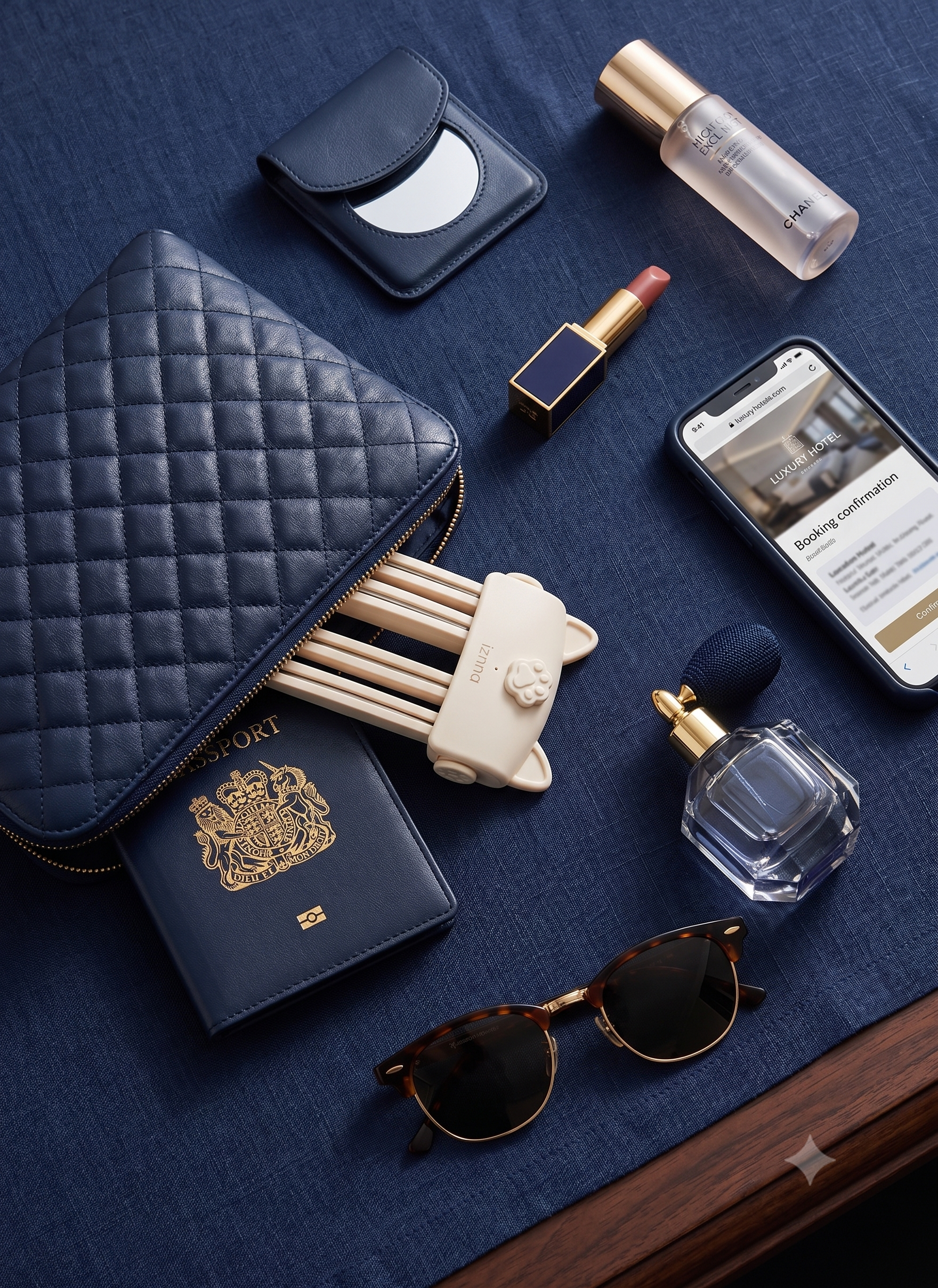 A styled flat-lay of a navy quilted zippered travel pouch containing a passport and wooden sticks, surrounded by luxury items including a compact mirror, a bottle of skincare, a lipstick, a smartphone, sunglasses, and a perfume bottle on a textured navy blue fabric background.