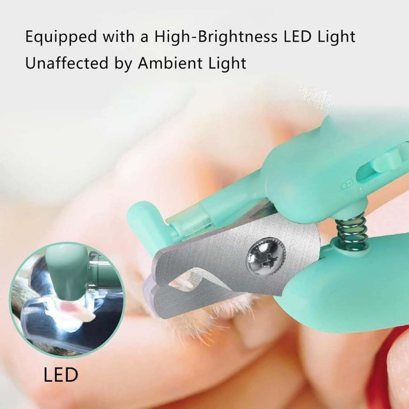 Teal LED pet nail trimmer with high-brightness light designed for safe and precise nail grooming for dogs and cats.
