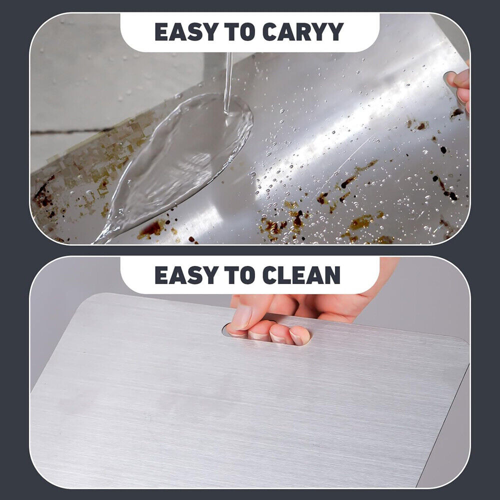 Metal tray with food residue at top and a clean tray at bottom, labeled 'Easy to Carry' and 'Easy to Clean'.