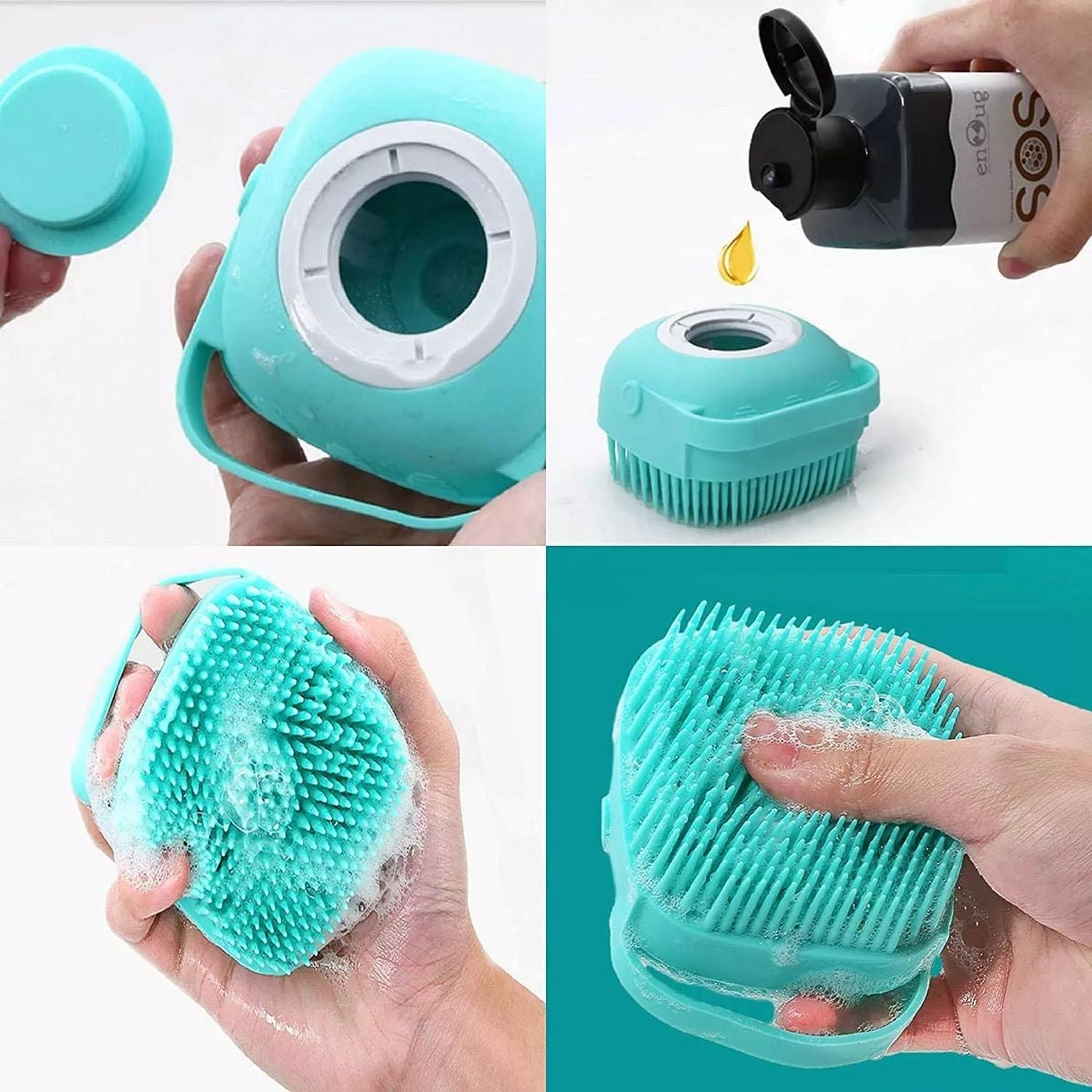 Collage of a teal silicone scrubber with different uses on a white background