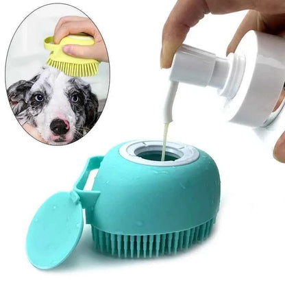 Pet grooming tool with a close-up of a dog's face and a hand pouring liquid into it.