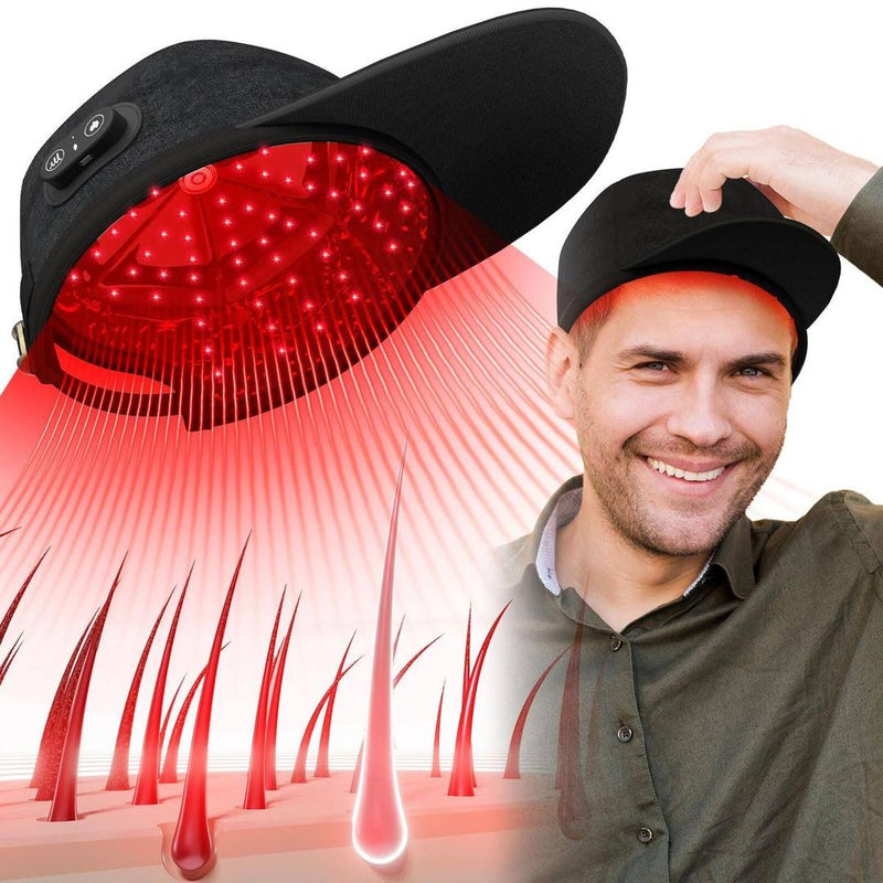 Person wearing red light hair growth cap during scalp therapy treatment