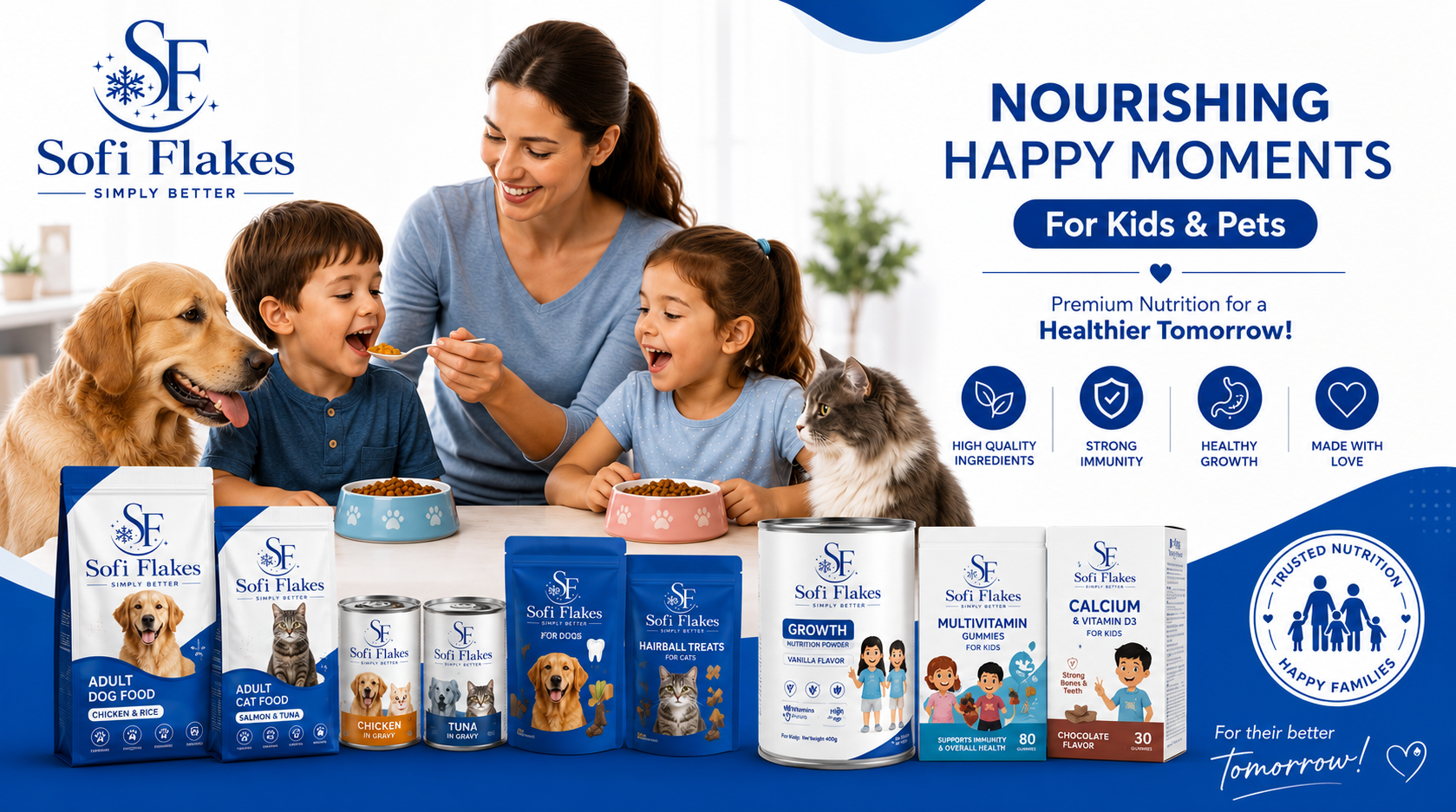 A promotional banner for Sofi Flakes pet food featuring a woman feeding her children and a golden retriever dog, with multiple bags and cans of Sofi Flakes dog and cat food displayed along the bottom against a blue and white background.