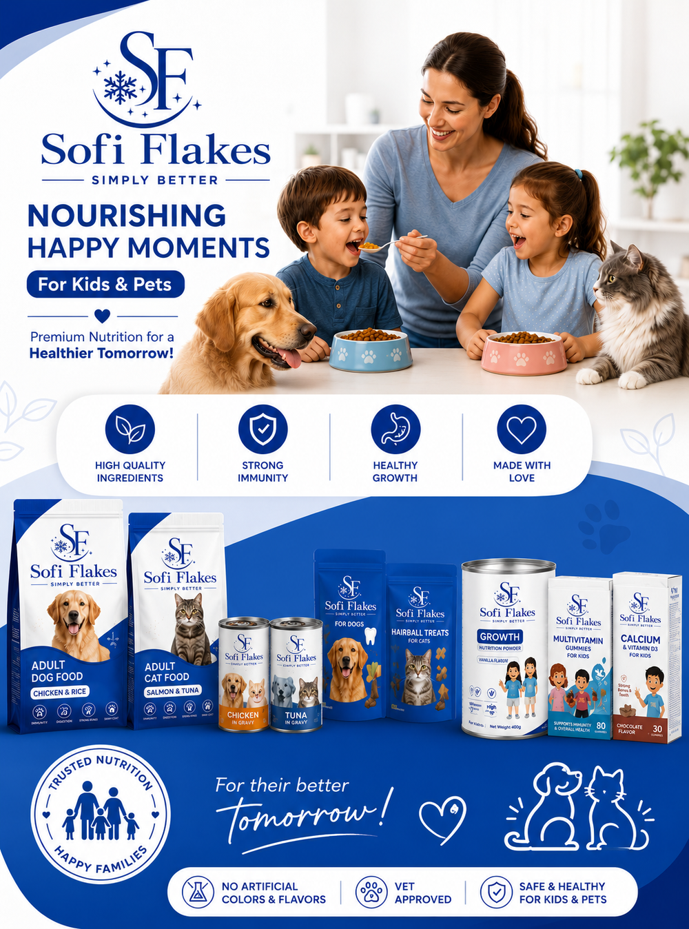 Sofi Flakes pet and human nutrition promotional graphic featuring a woman feeding two children and a dog, with a row of Sofi Flakes dog and cat food packages below on a blue and white layout.