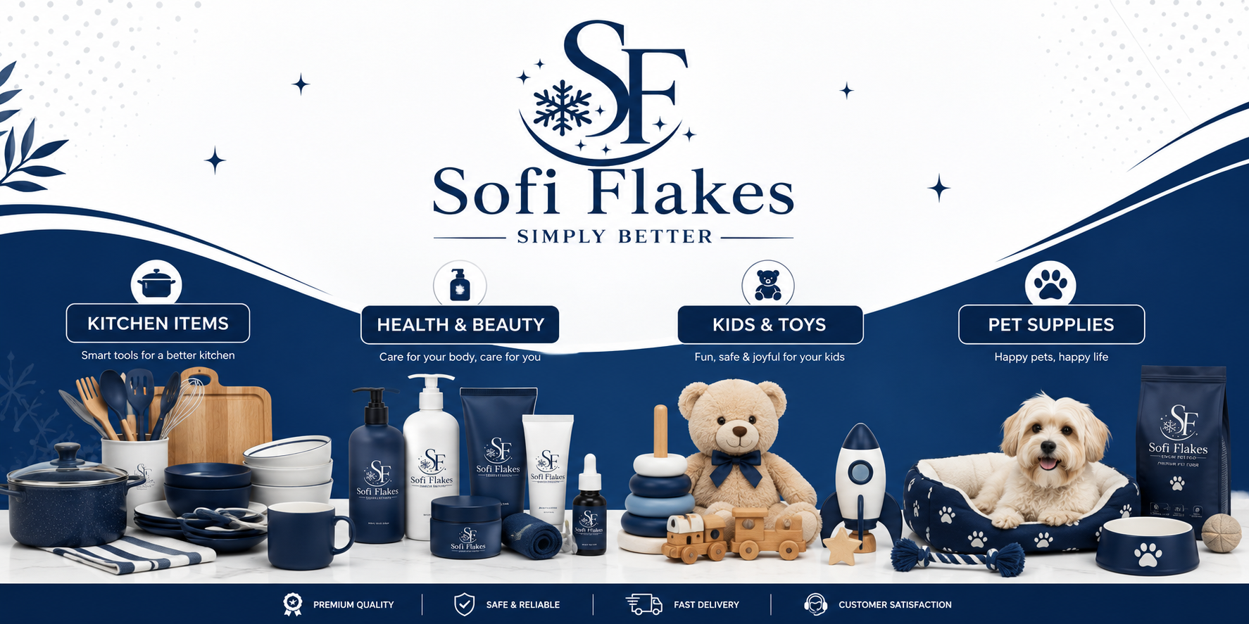 Sofi Flakes brand banner featuring a collection of pet products including a teddy bear toy, a rocket-shaped treat dispenser, a small dog bed with a white dog, and kitchen items, set against a navy and white background with the Sofi Flakes logo.