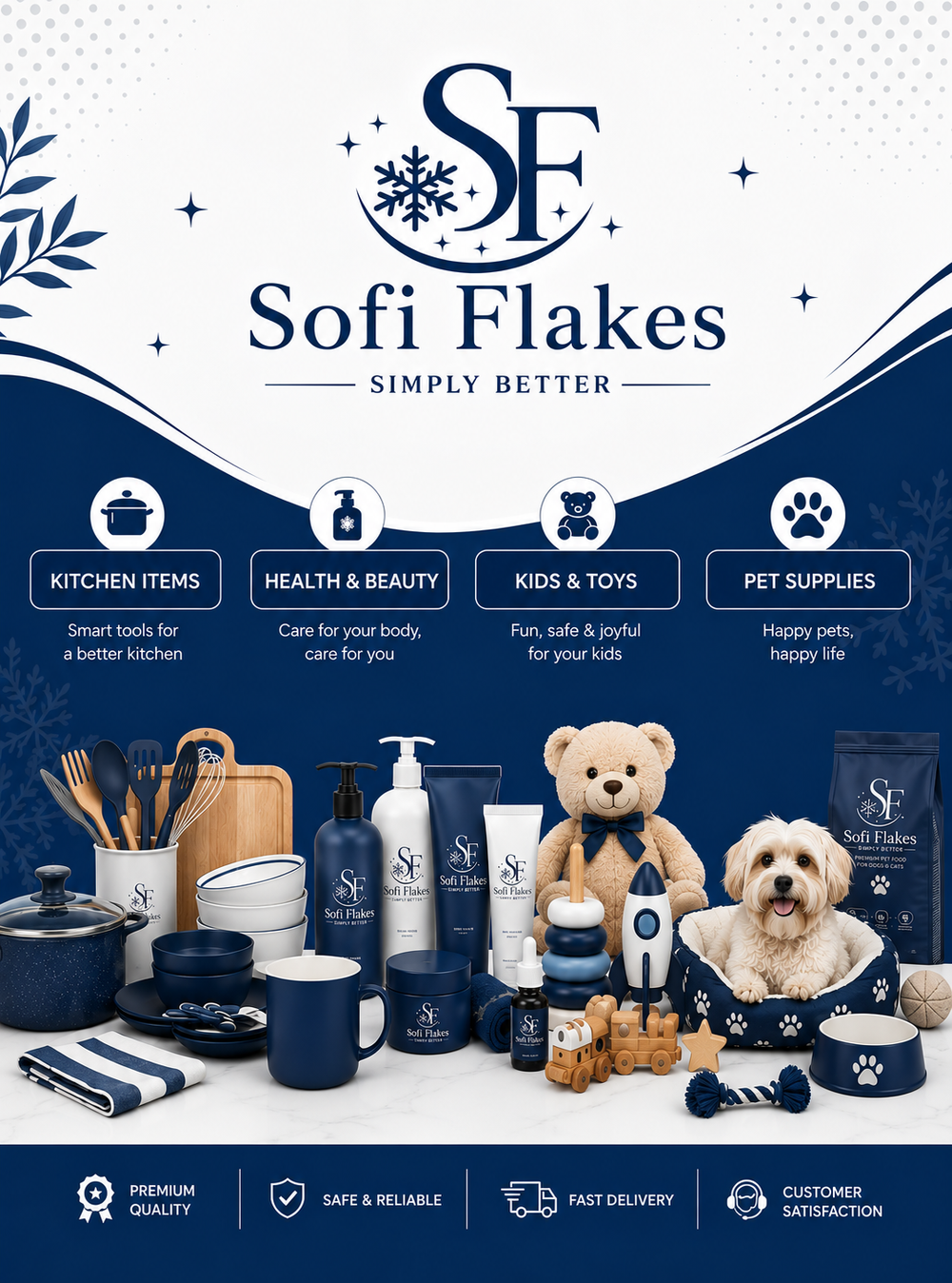 Sofi Flakes promotional banner featuring a collection of kitchen, health & beauty, kids' toys, and pet supplies. The top half displays the brand logo 'Sofi Flakes' with a navy blue and white color scheme.